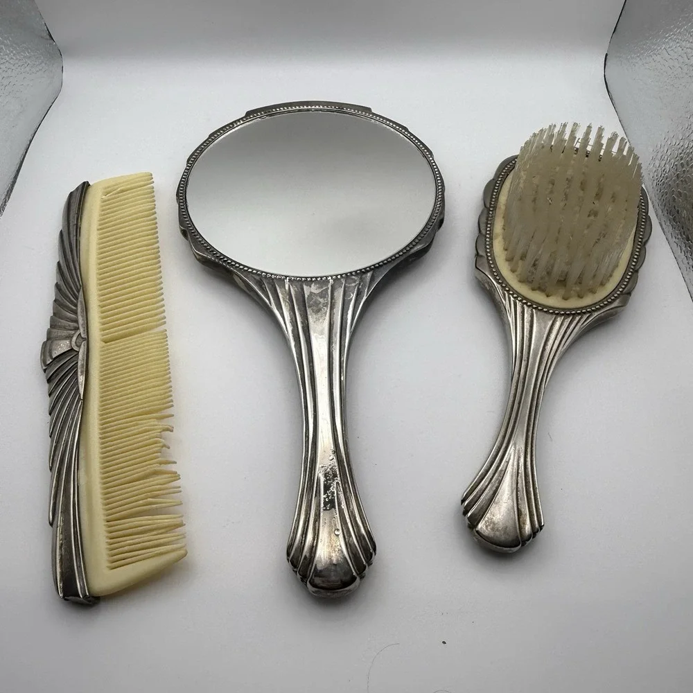 Vintage 3pc Vanity Set Art Deco Silver Tone Hand Mirror Hair Brush Comb Shell